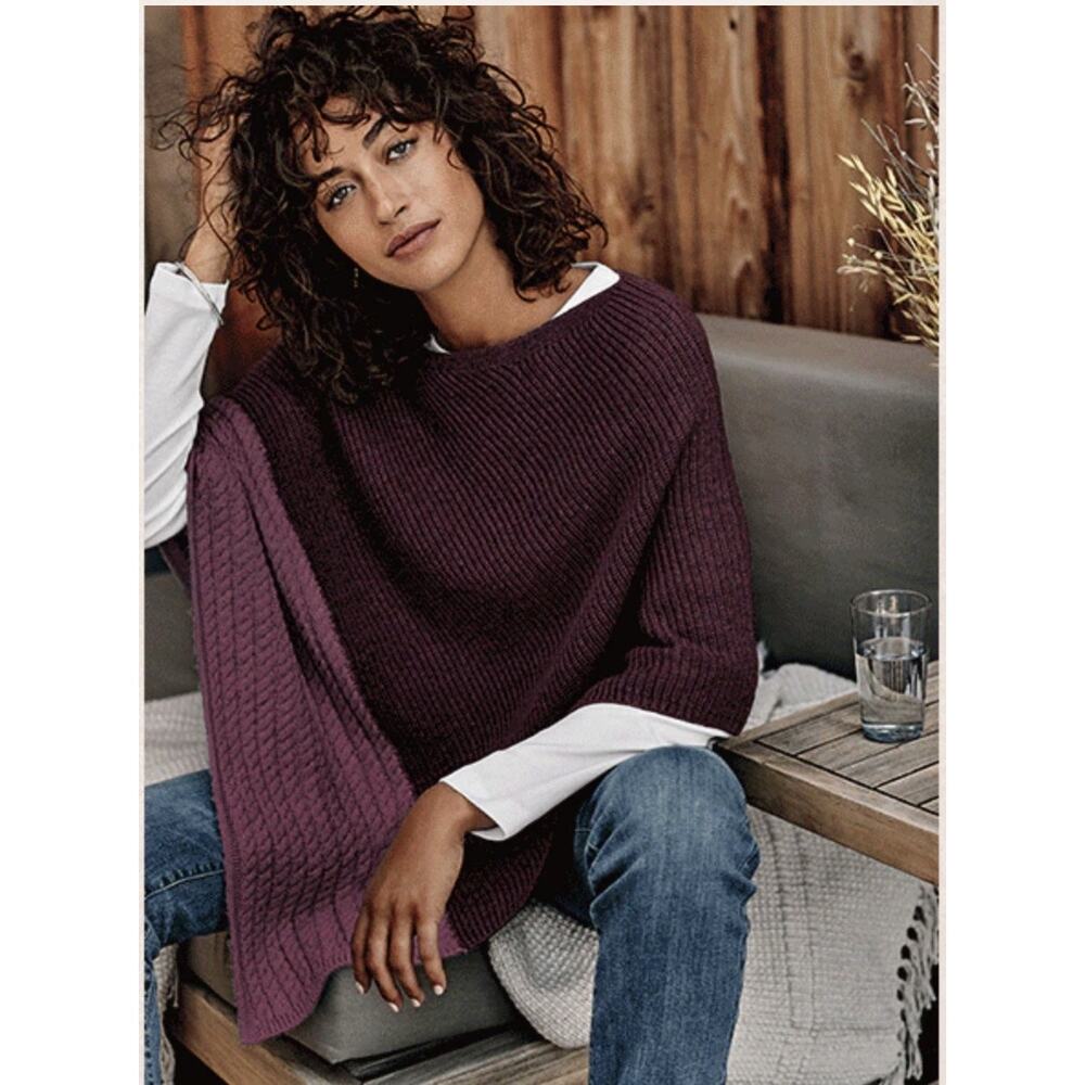 J. Jill Knit Cabled Burgundy Color Block Poncho One Size